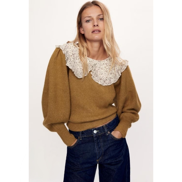 ZARA Tobacco Brown knit sweater with contrasting print ruffle collar Size L - Picture 2 of 12